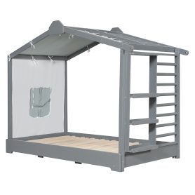 Twin Size House Bed with Twin Size Trundle and Side Shelves