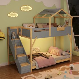 Twin over Twin House Bunk Bed with Stairs and 3-Color LED Lights
