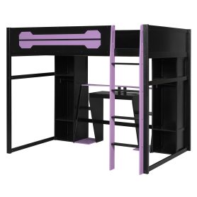 Full-Size Wooden Gaming Loft Bed with Desk and Storage, RGB LED Light, USB Charging Station