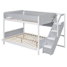 Full XL over Queen Bunk Bed with Striped-Design Staircase and Side Shelves