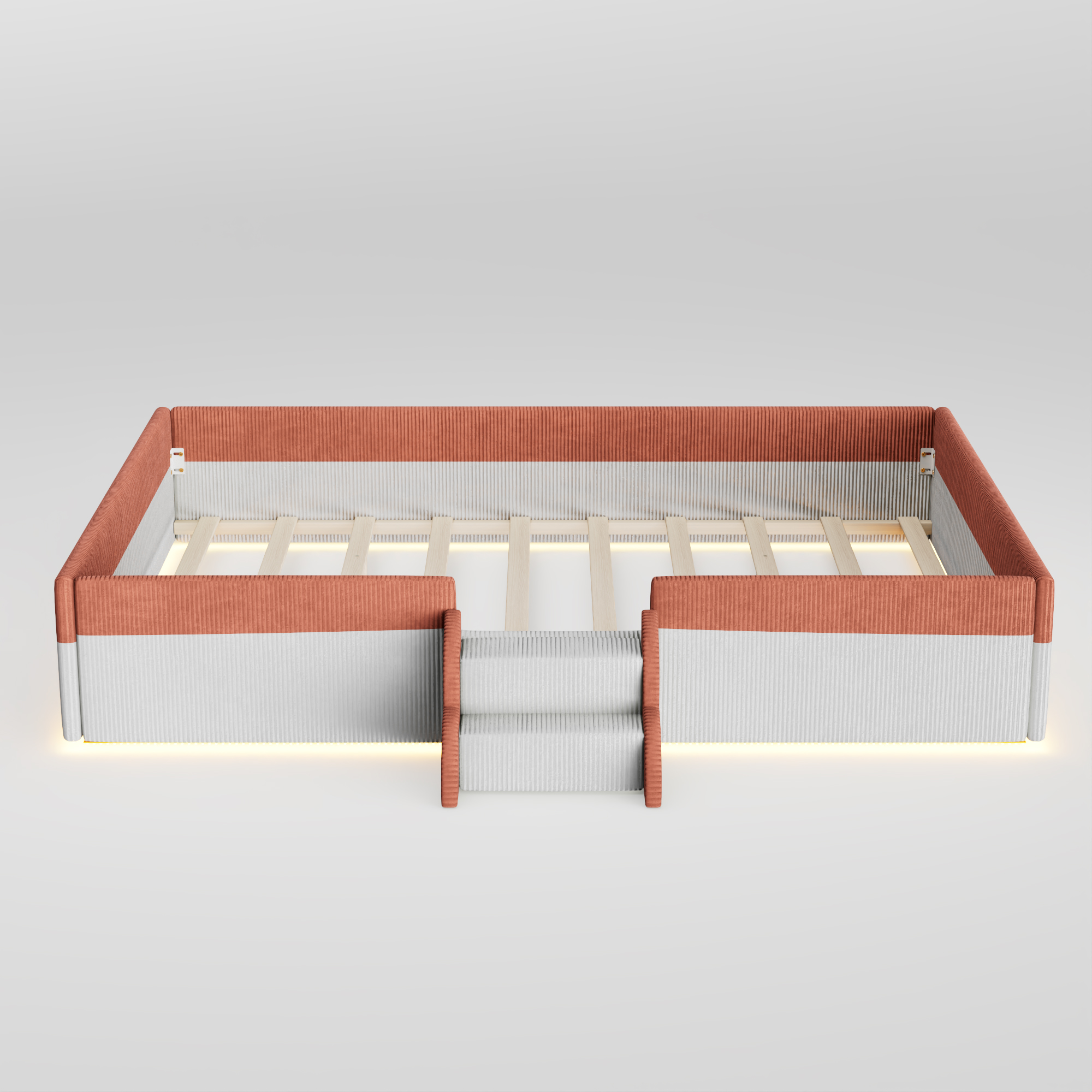 Full Size Upholstered Floor Bed with Fence, 2-Tier Steps and Smart LED Lights