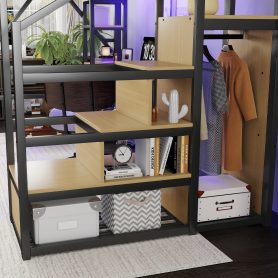 Metal Loft Bed with Stairs, Wardrobe, Charging Station, and LED Lighting