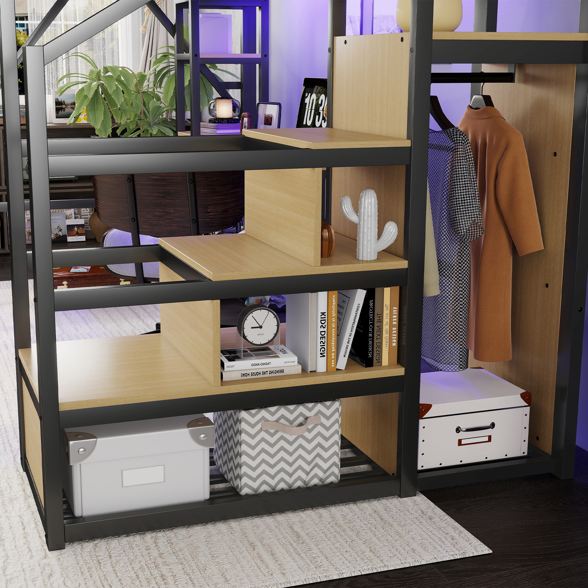 Metal Loft Bed with Stairs, Wardrobe, Charging Station, and LED Lighting