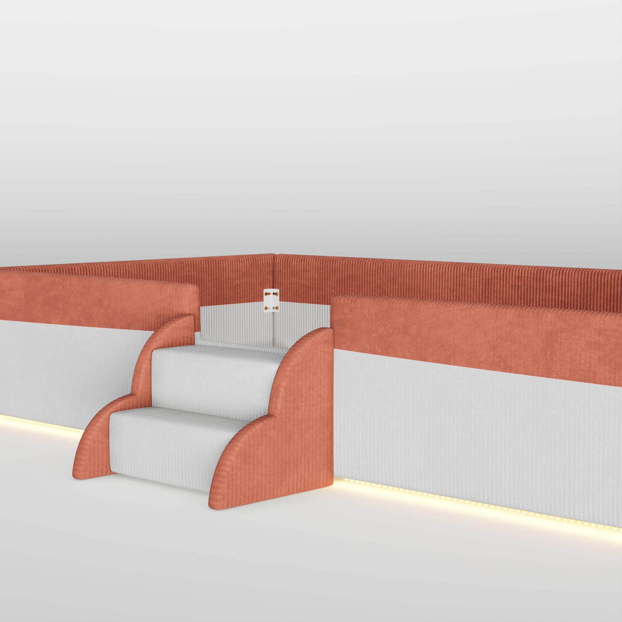 Twin Size Upholstered Floor Bed with Fence, 2-Tier Steps and Smart LED Lights