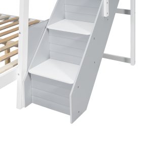Twin over Full Bunk Bed with Striped-Design Staircase and Side Shelves