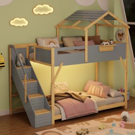 Twin over Twin House Bunk Bed with Stairs and 3-Color LED Lights