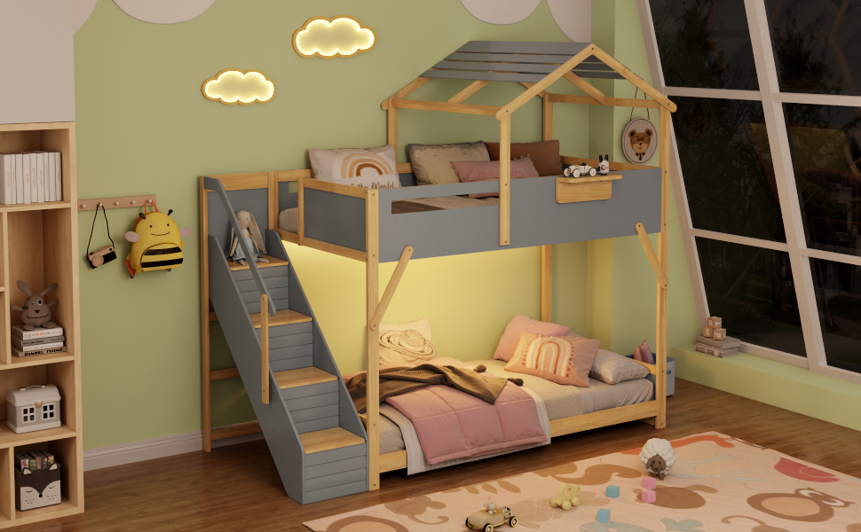 Twin over Twin House Bunk Bed with Stairs and 3-Color LED Lights