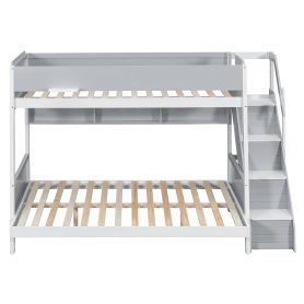 Twin over Full Bunk Bed with Striped-Design Staircase and Side Shelves
