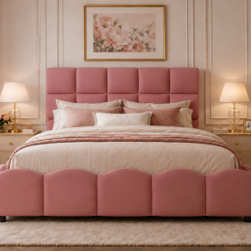 Full Size Fully Upholstered Velvet Platform Bed Frame With Tall Panel Headboard