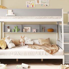 Full XL over Queen Bunk Bed with Striped-Design Staircase and Side Shelves