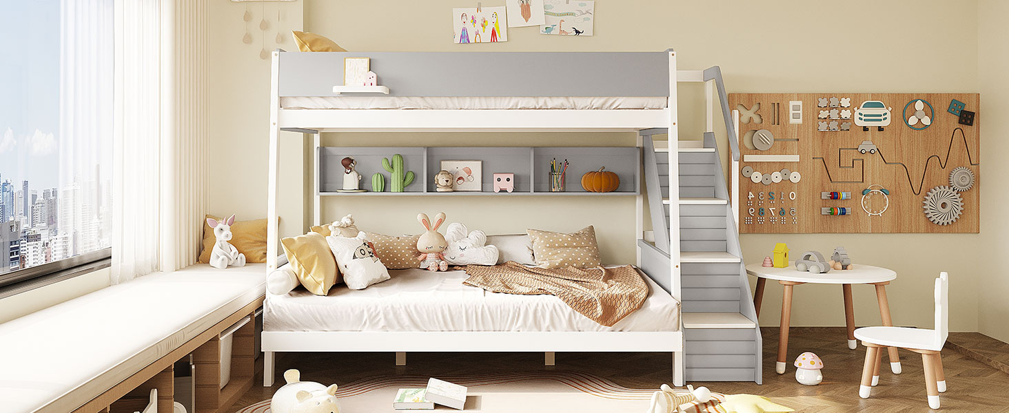 Full XL over Queen Bunk Bed with Striped-Design Staircase and Side Shelves