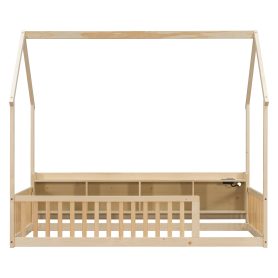 Twin House Floor Bed with Storage Shelves, Built-in LED Lights & Charging Station
