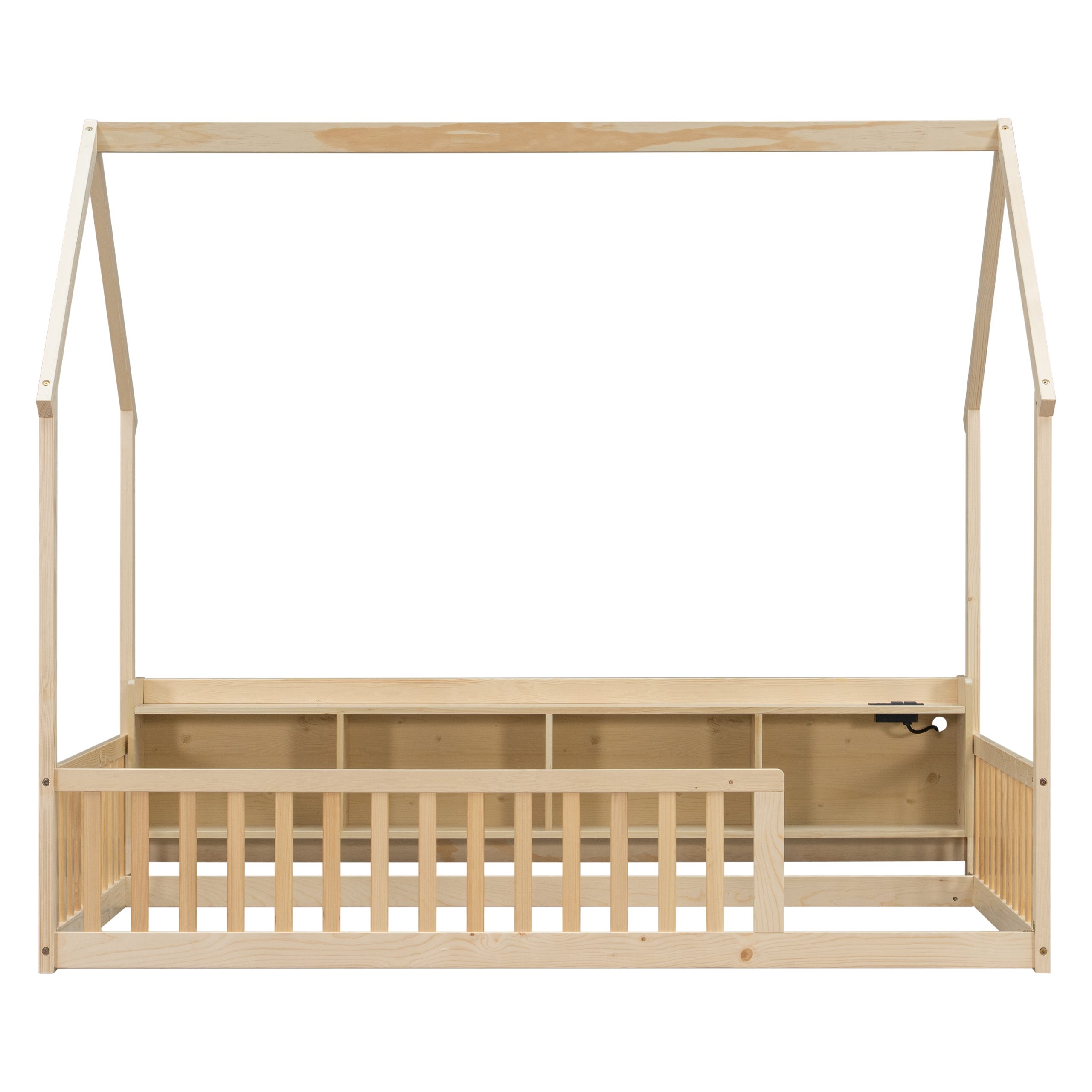 Twin House Floor Bed with Storage Shelves, Built-in LED Lights & Charging Station