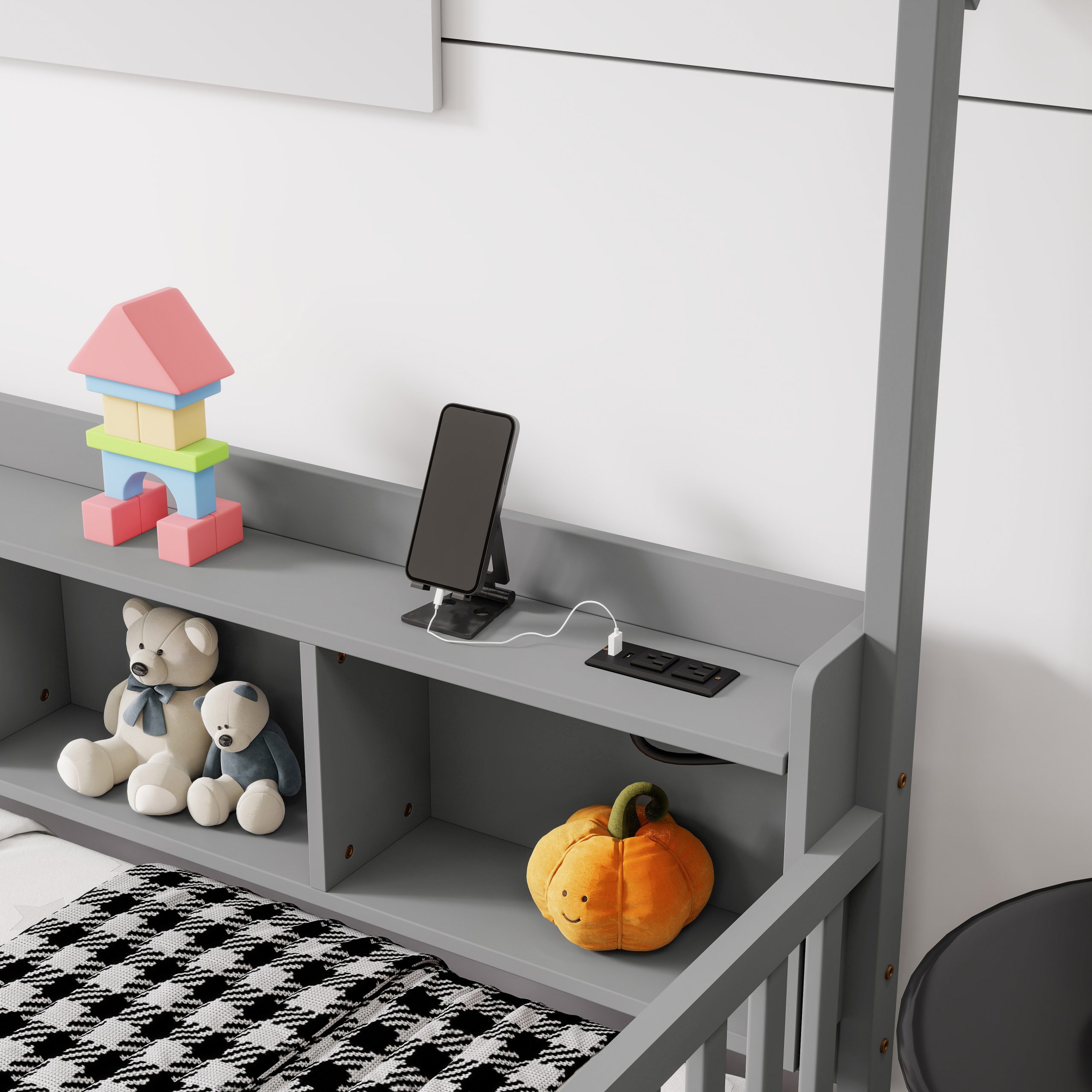 Full House Floor Bed with Storage Shelves, Built-in LED Lights & Charging Station