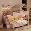 Full over Full House Bunk Bed with Stairs and 3-Color LED Lights