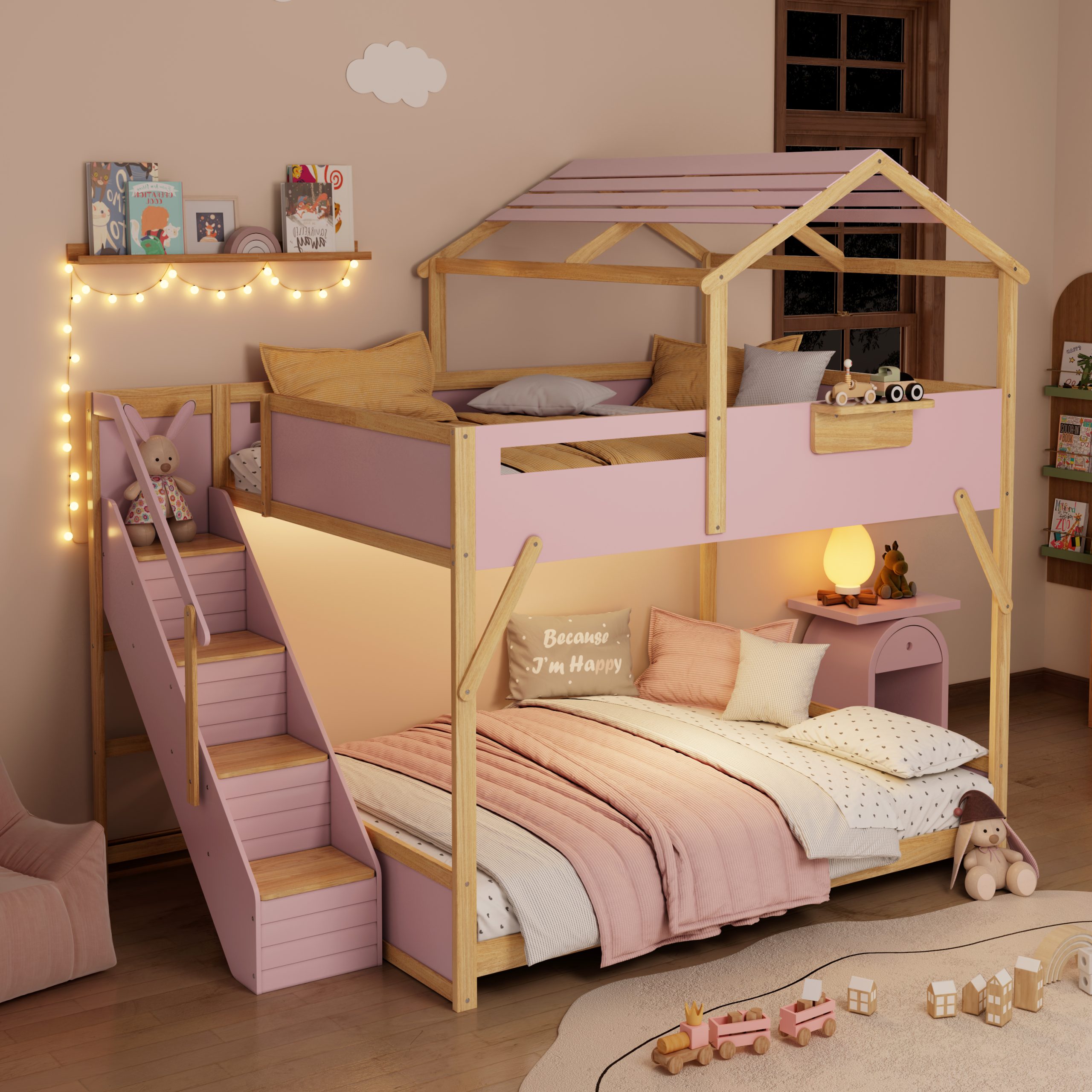Full over Full House Bunk Bed with Stairs and 3-Color LED Lights