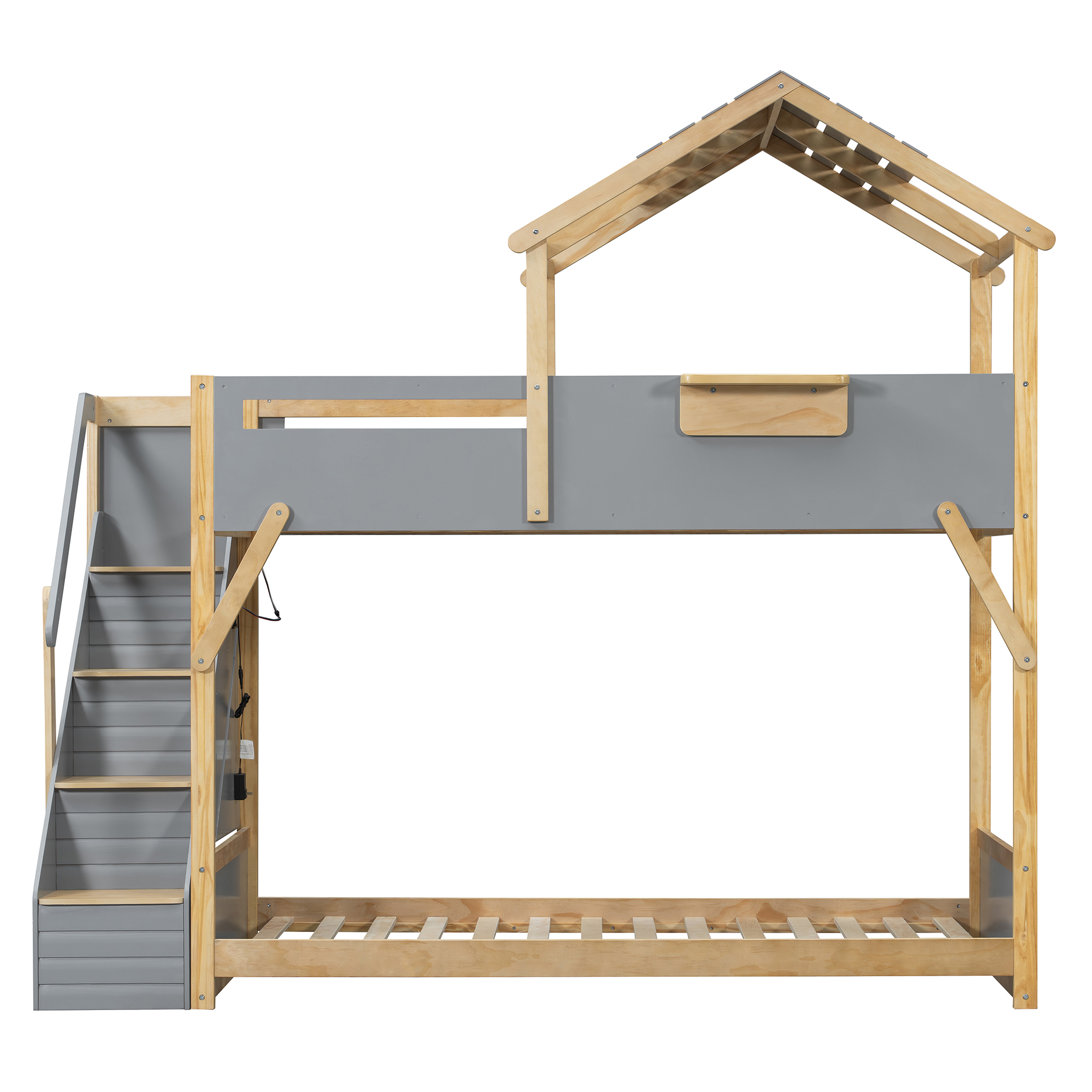 Twin over Twin House Bunk Bed with Stairs and 3-Color LED Lights