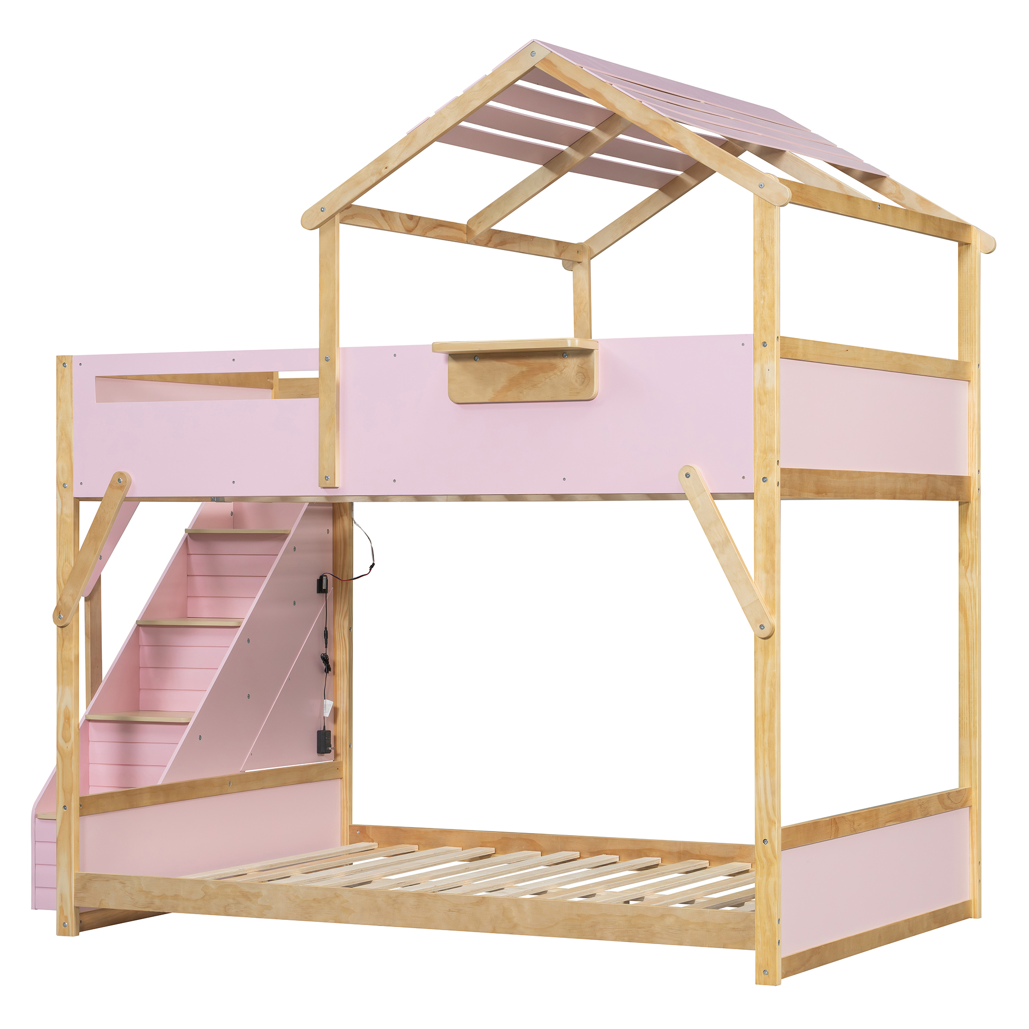 Full over Full House Bunk Bed with Stairs and 3-Color LED Lights