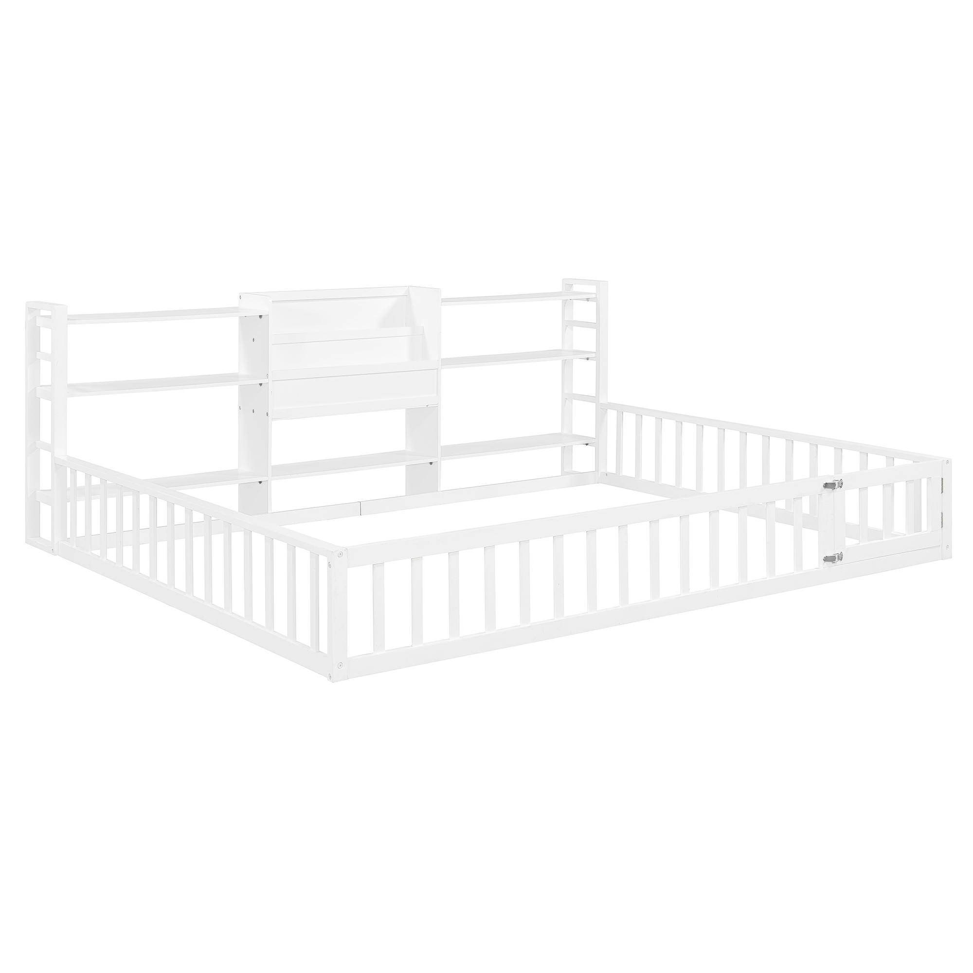 Queen Size Floor Fence Bed Frame with Bookcase and 3-Tier Storage Shelves