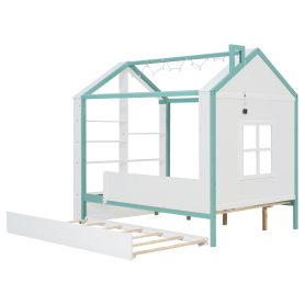 Full Size House Bed Frame with Pull-Out Trundle, Tail End Storage Shelves and Cool White LED Lights