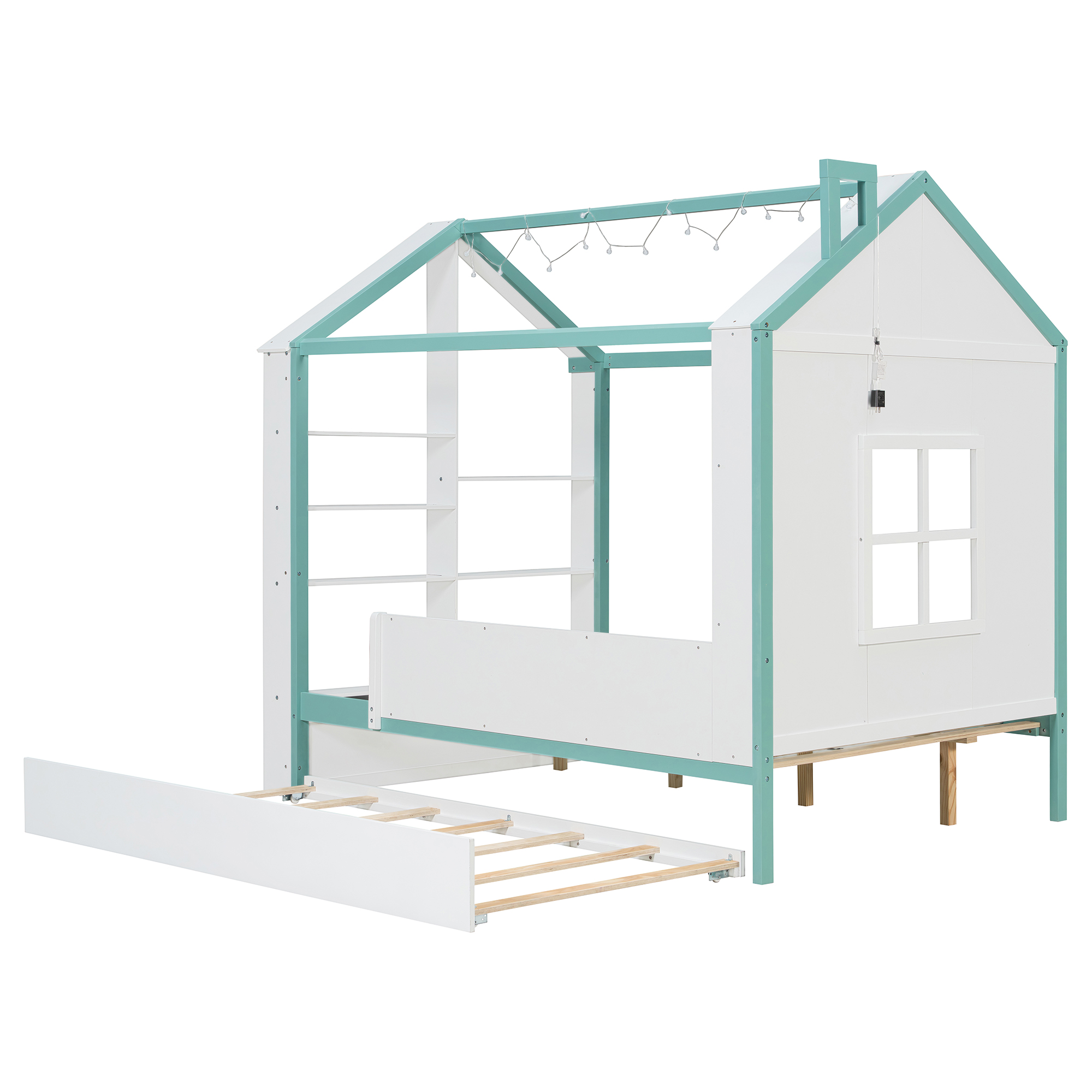 Full Size House Bed Frame with Pull-Out Trundle, Tail End Storage Shelves and Cool White LED Lights