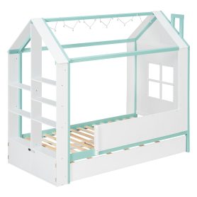 Twin Size House Bed Frame with Pull-Out Trundle, Tail End Storage Shelves and Cool White LED Lights