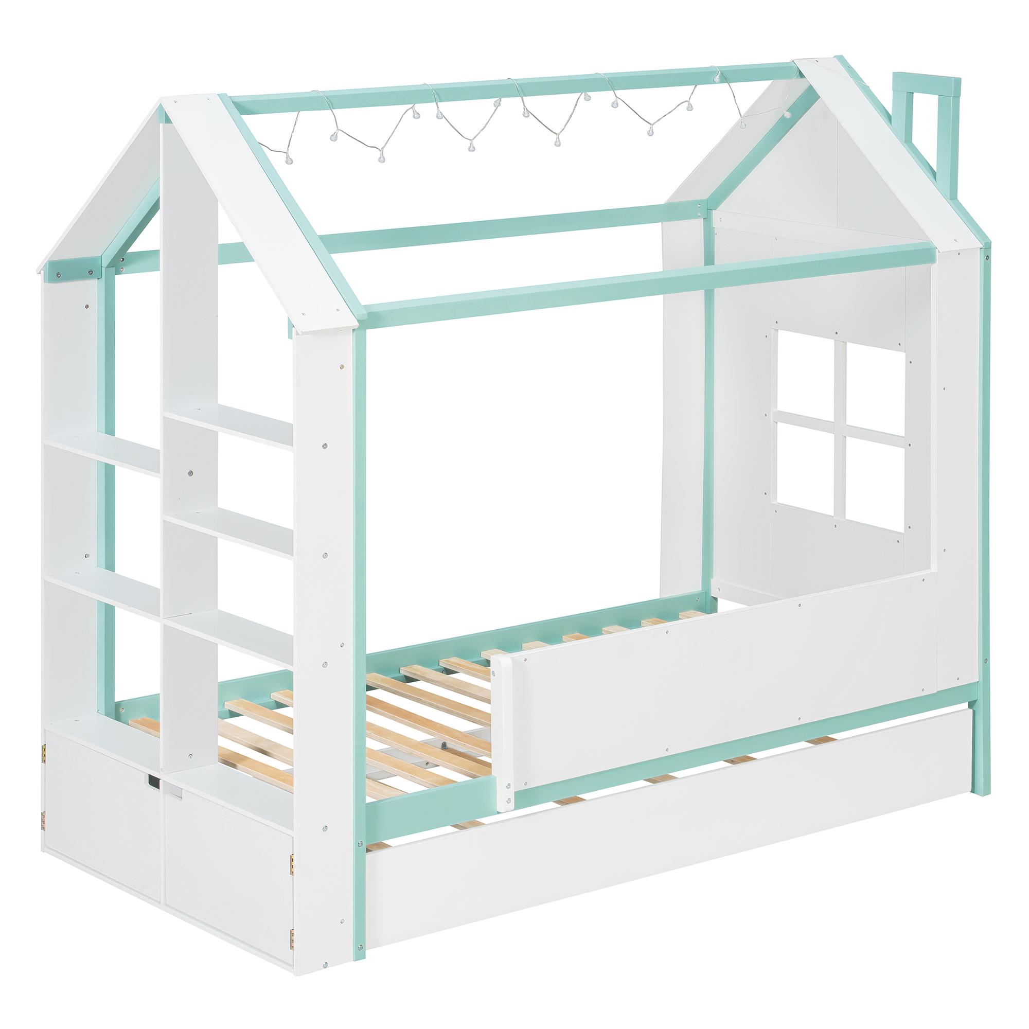 Twin Size House Bed Frame with Pull-Out Trundle, Tail End Storage Shelves and Cool White LED Lights