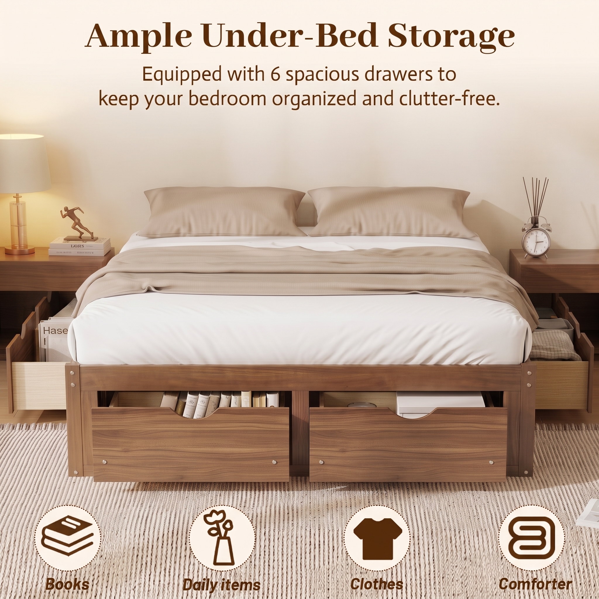 Queen Size Platform Bed with 6 Storage Drawers