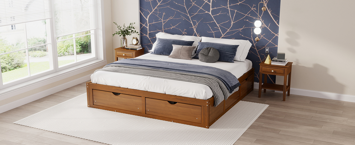 King Size Platform Bed with 6 Storage Drawers