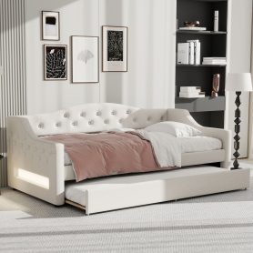 Upholstered Twin XL Size Daybed with LED Belt and Trundle