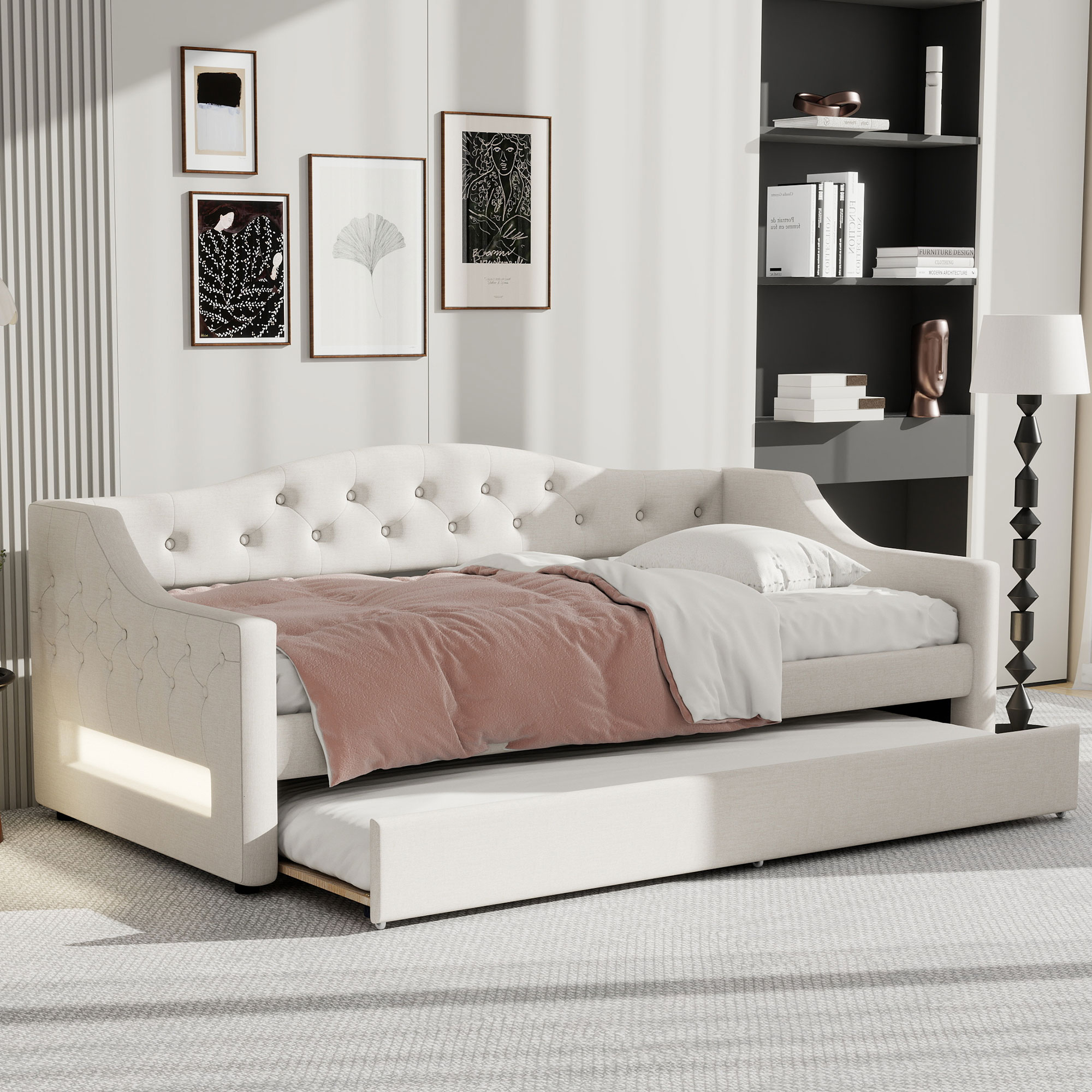 Upholstered Twin XL Size Daybed with LED Belt and Trundle