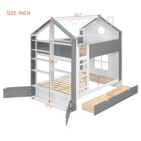 Full Size Bunk Bed with Storage Drawers, Shelves and Light Strip