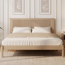 Queen Size Solid Rubber Wood Bed with Wave-Styled Headboard
