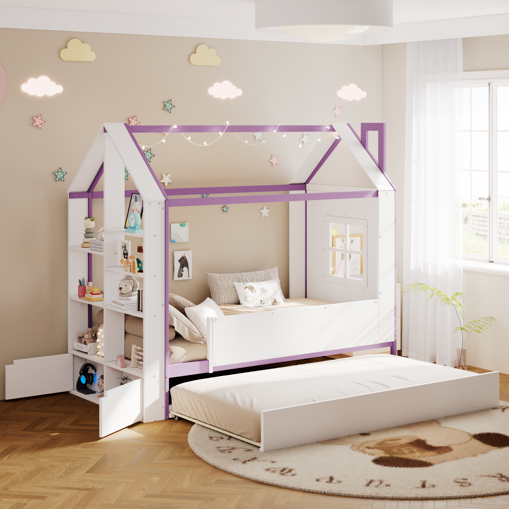 Twin Size House Bed Frame with Pull-Out Trundle, Tail End Storage Shelves and Cool White LED Lights