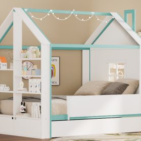 Full Size House Bed Frame with Pull-Out Trundle, Tail End Storage Shelves and Cool White LED Lights