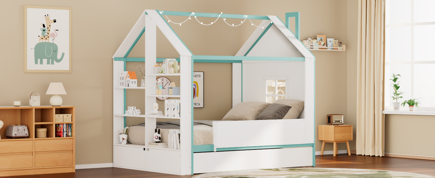 Full Size House Bed Frame with Pull-Out Trundle, Tail End Storage Shelves and Cool White LED Lights