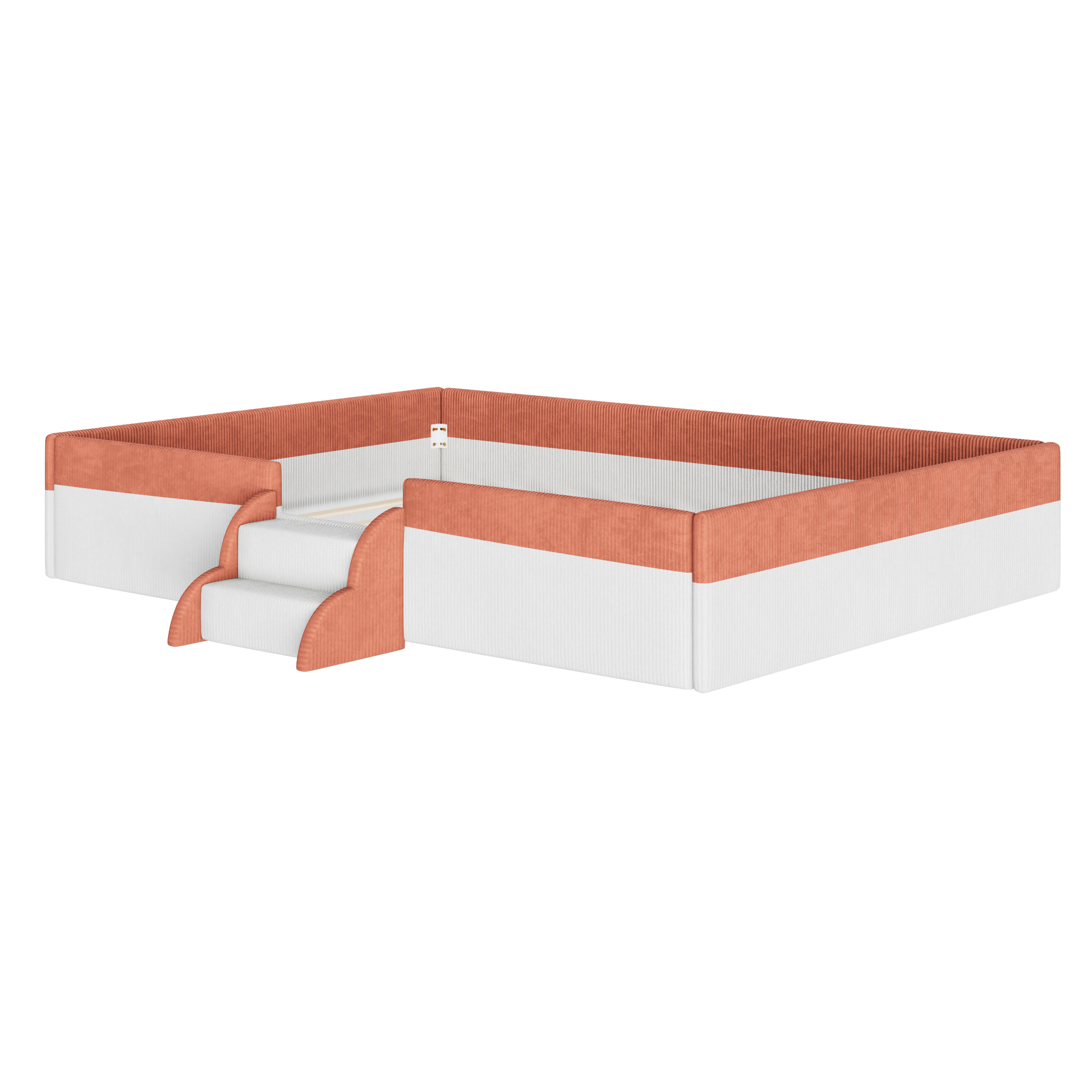 Full Size Upholstered Floor Bed with Fence, 2-Tier Steps and Smart LED Lights