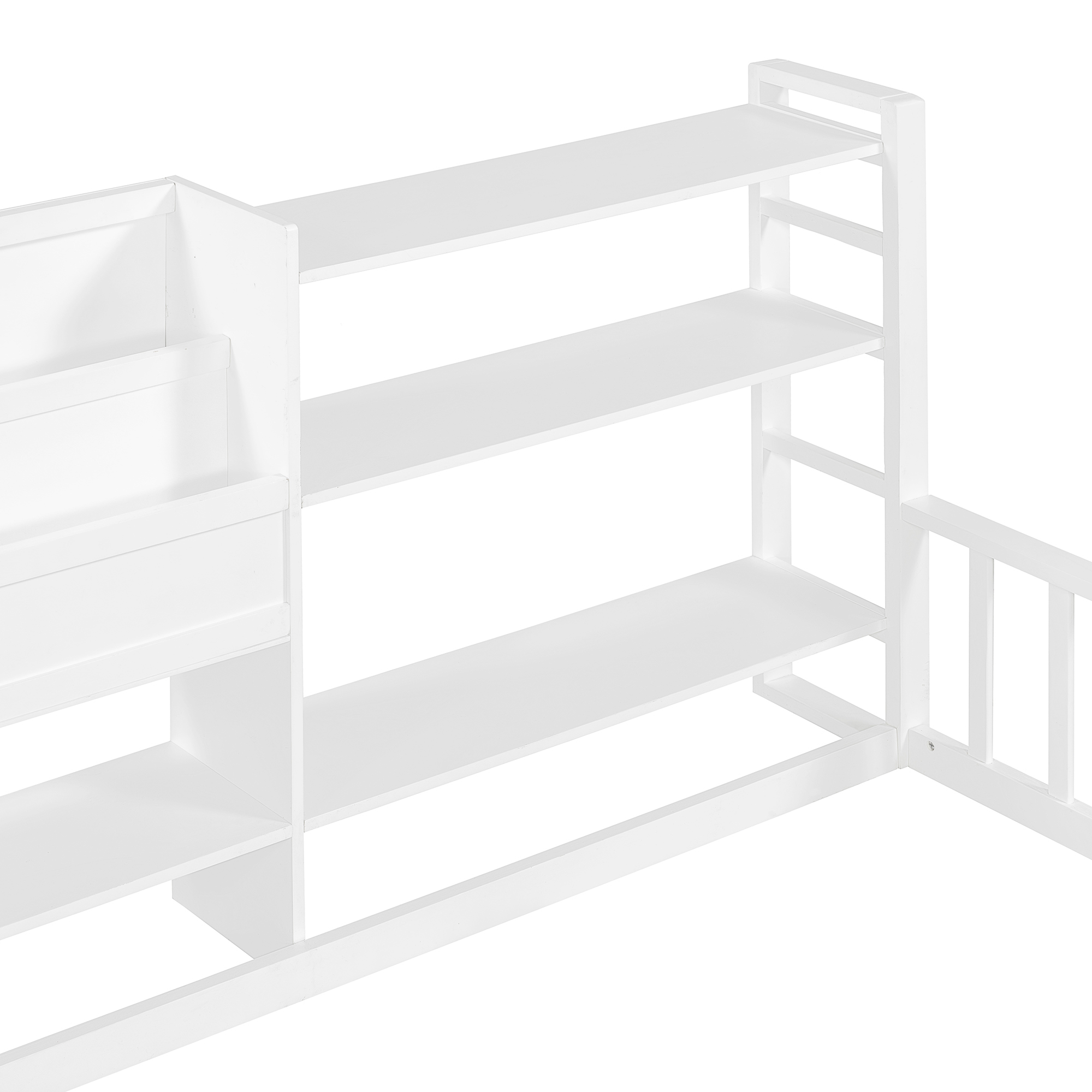 Queen Size Floor Fence Bed Frame with Bookcase and 3-Tier Storage Shelves