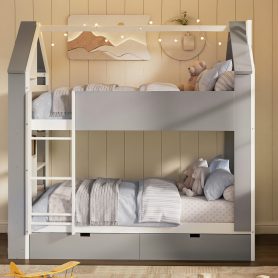 Full Size Bunk Bed with Storage Drawers, Shelves and Light Strip