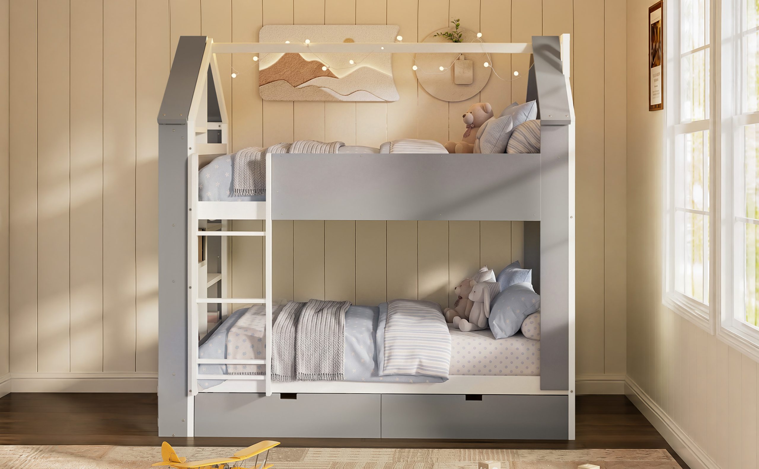 Full Size Bunk Bed with Storage Drawers, Shelves and Light Strip
