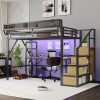 Metal Loft Bed with Stairs, Wardrobe, Charging Station, and LED Lighting