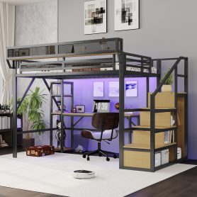 Metal Loft Bed with Stairs, Wardrobe, Charging Station, and LED Lighting