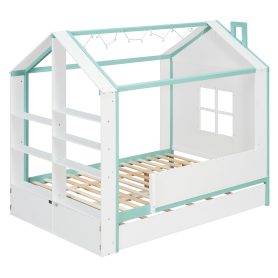Full Size House Bed Frame with Pull-Out Trundle, Tail End Storage Shelves and Cool White LED Lights