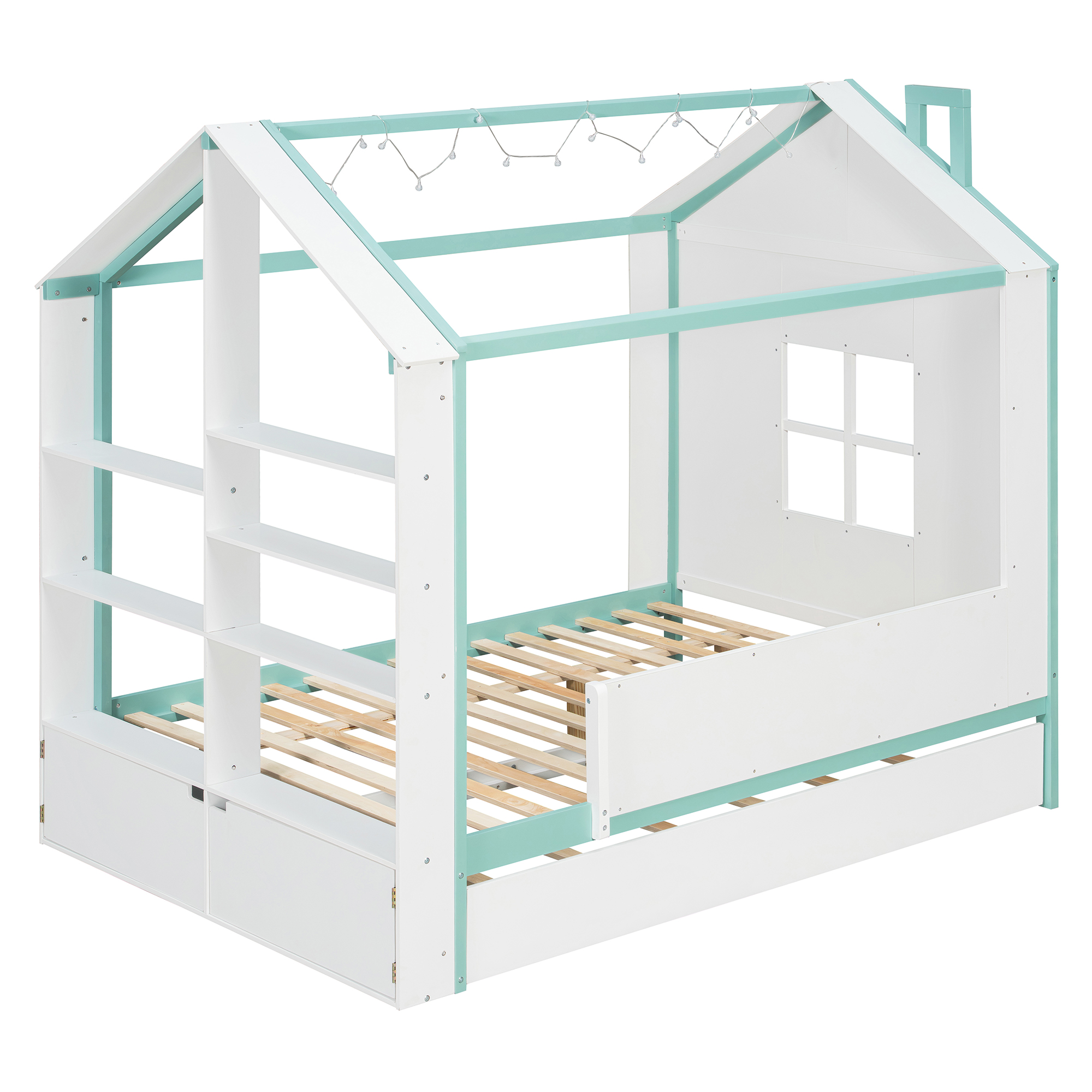 Full Size House Bed Frame with Pull-Out Trundle, Tail End Storage Shelves and Cool White LED Lights