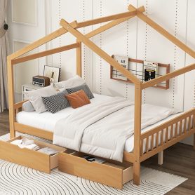 Full Size House Platform Bed with Two Drawers, Headboard and Footboard