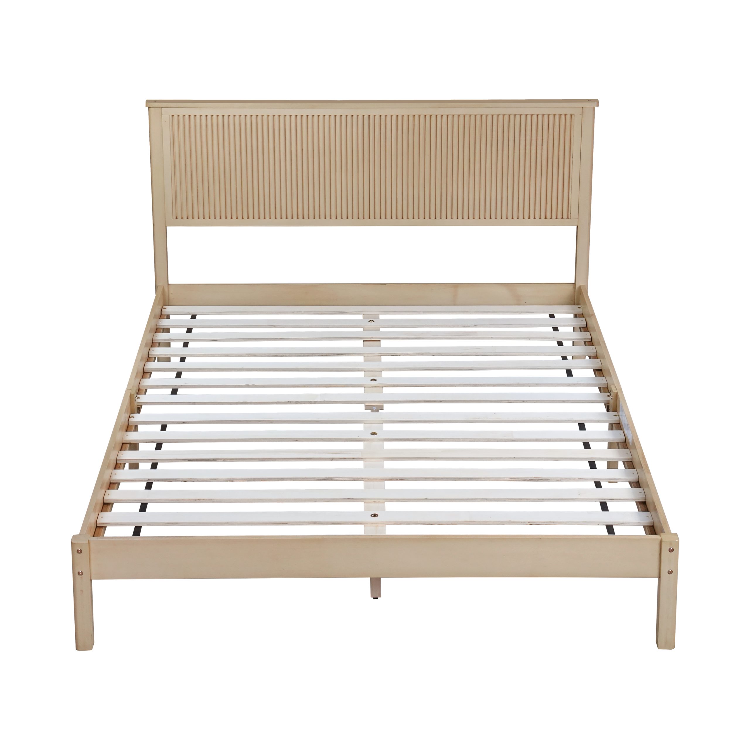 Queen Size Solid Rubber Wood Bed with Wave-Styled Headboard