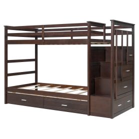 Twin Over Twin Bunk Bed with 2 Drawers and Staircase