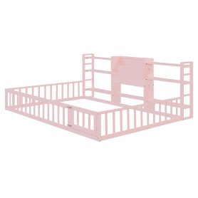 Full Size Floor Fence Bed Frame with Bookcase and 3-Tier Storage Shelves