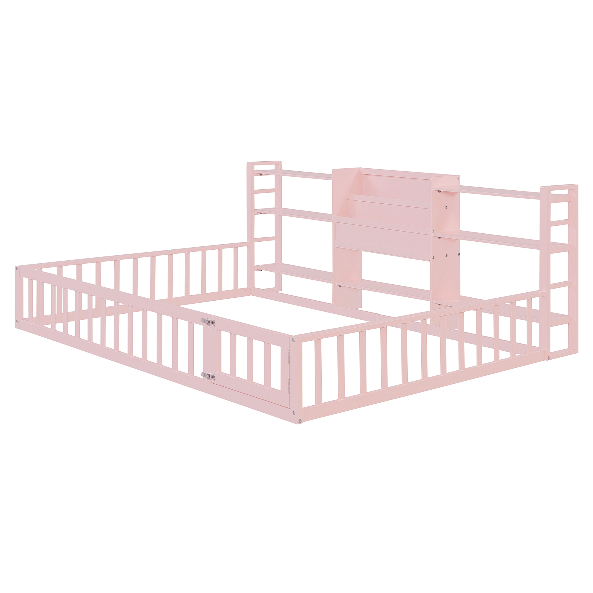 Full Size Floor Fence Bed Frame with Bookcase and 3-Tier Storage Shelves
