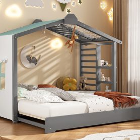 Twin Size House Bed with Twin Size Trundle and Side Shelves